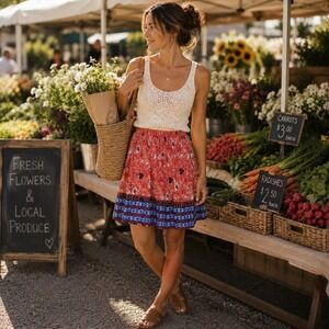 Cabi XS Boho Farmers Market Skirt Cottagecore Floral Border Print Pockets Boho